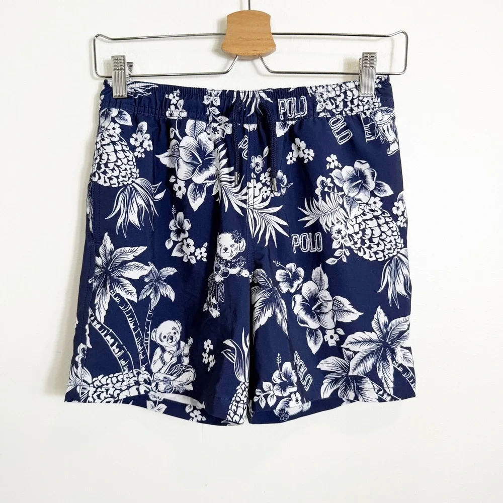 Polo Ralph Lauren Swim Trunks Boys M 10-12 Navy Blue Hawaiian Polo Bear Tropical